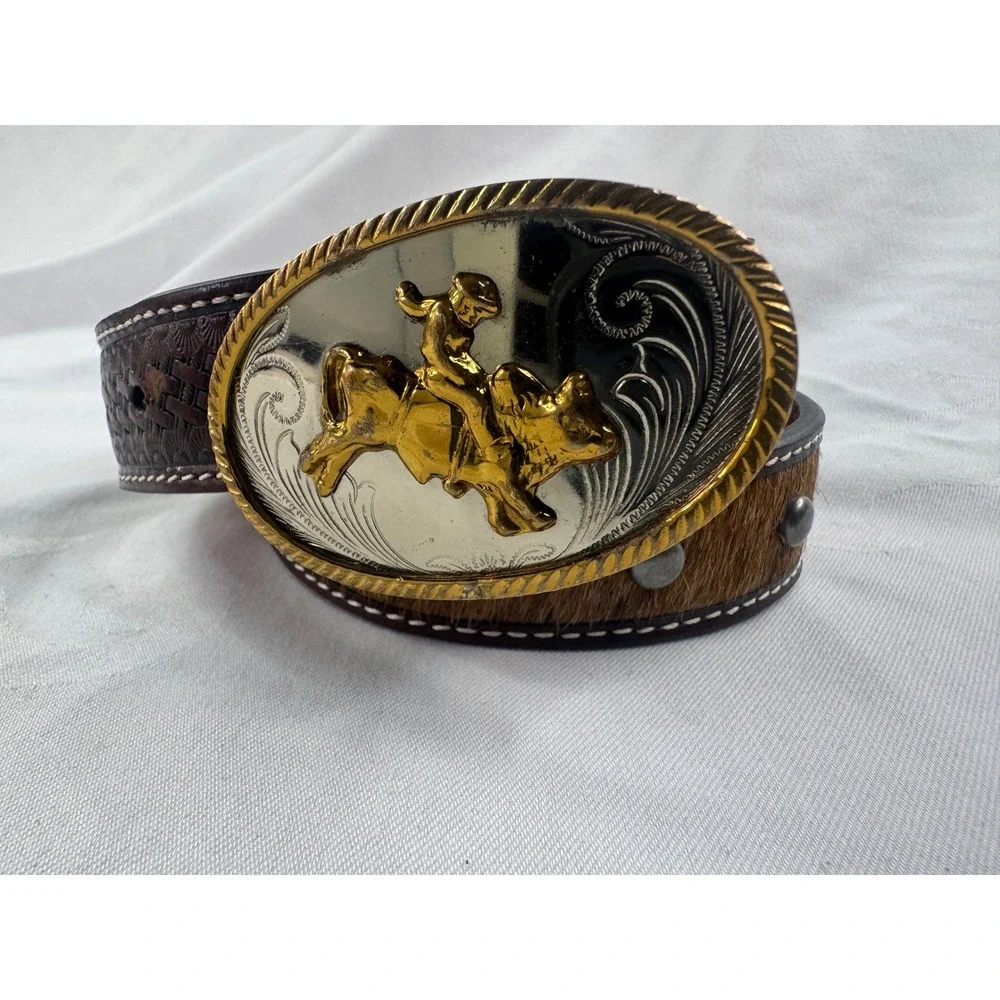 Ariat Mens Western Leather Belt Bull Rider Trophy Buckle Hair on Hide Brown 34